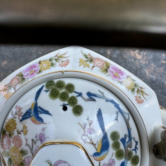 Vtg Homco Japanese Porcelain Tea Pot Hexagonal Kutani Bird Brass Handle 6" Asian - Picture 9 of 16